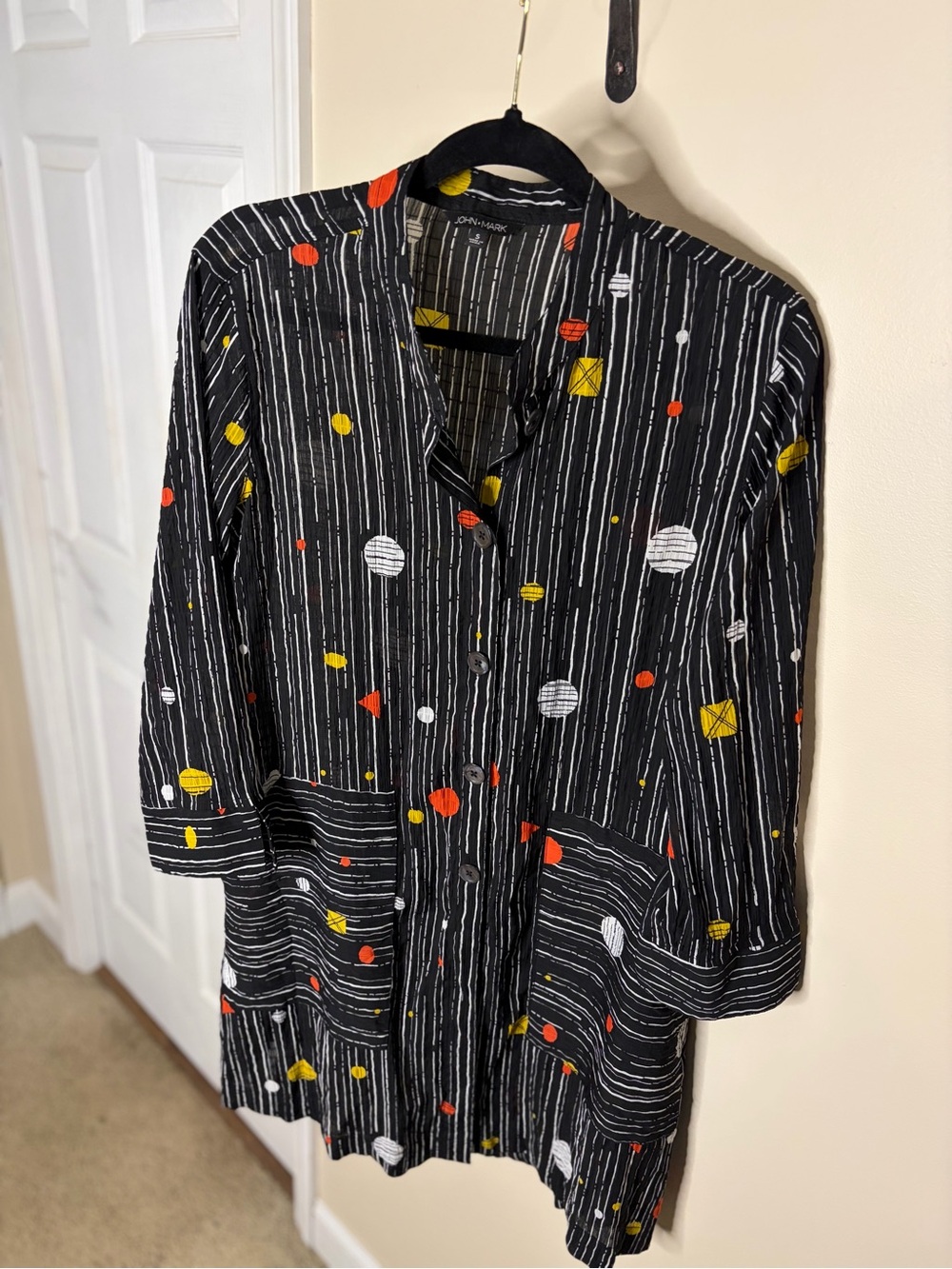 John Mark Black Tunic with Red and Yellow Geometric Accents #1130